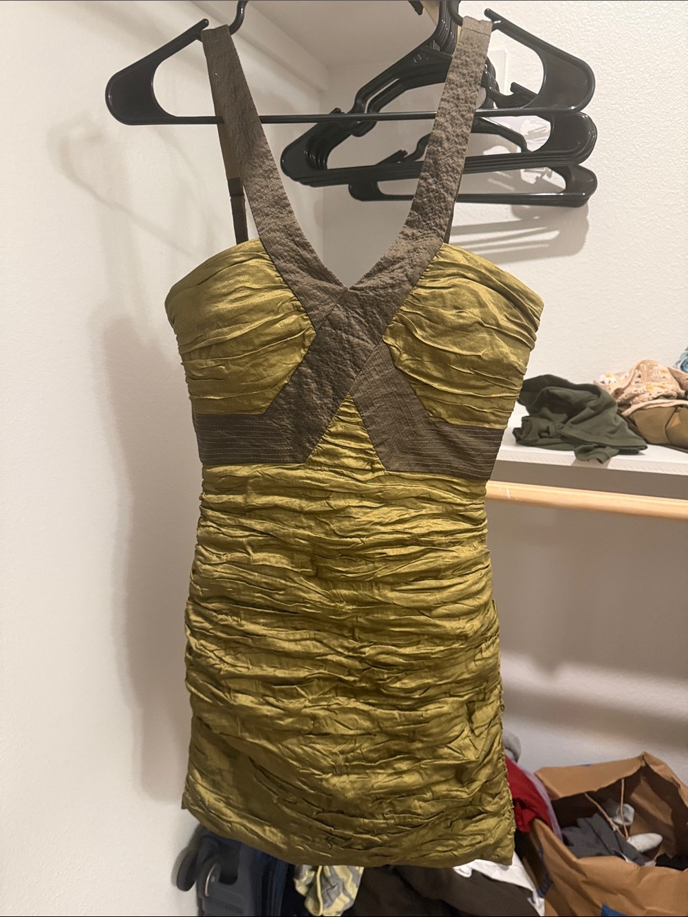 BCBGMaxAzria Olive and Taupe Ruched V-Neck Mini Dress